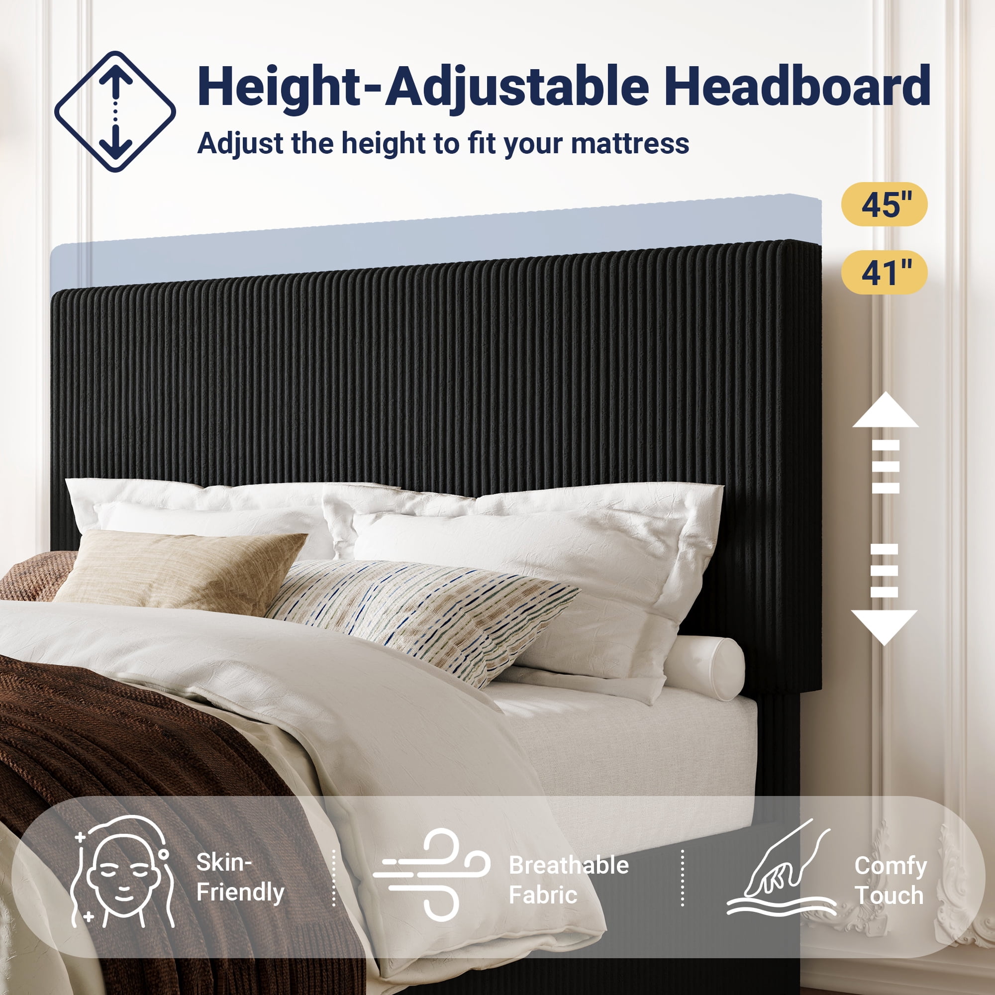 Allewie Full Bed Frame, Upholstered Platform Bed, Adjustable Vertical Channel Tufted Headboard, Corduroy Fabric, Modern Low Profile, Wooden Slats, No Box Spring Needed, Easy Assembly, Black