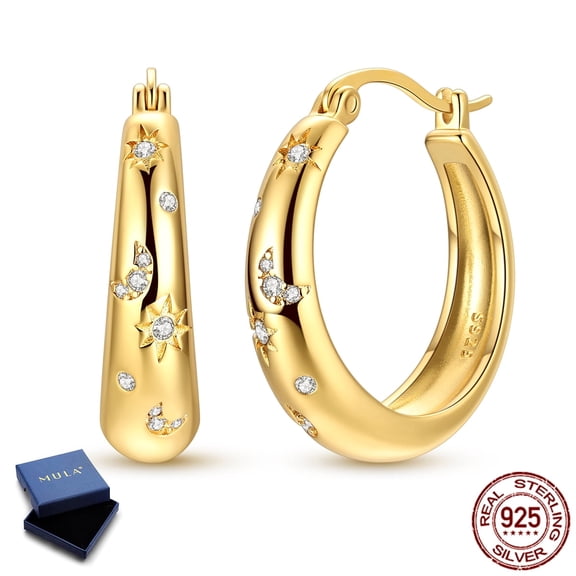 MULA 925 Sterling Silver Gold Plated Star Moon Hoop Earrings for Women, Hypoallergenic Sparkling Cubic Zirconia Jewelry Birthday Gift with Box