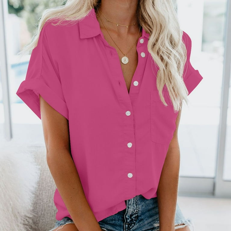 Womens Causal Button Down T Shirts Solid Color Lapel V Neck Short