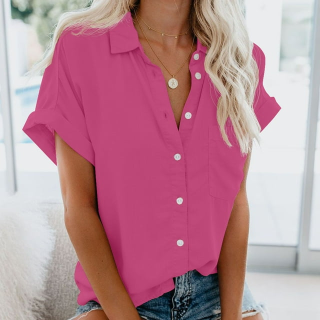 zanvin Womens Tops, Summer Fashion Woman Causal Button Solid Blouse Short Sleeve T-Shirt Summer Tops