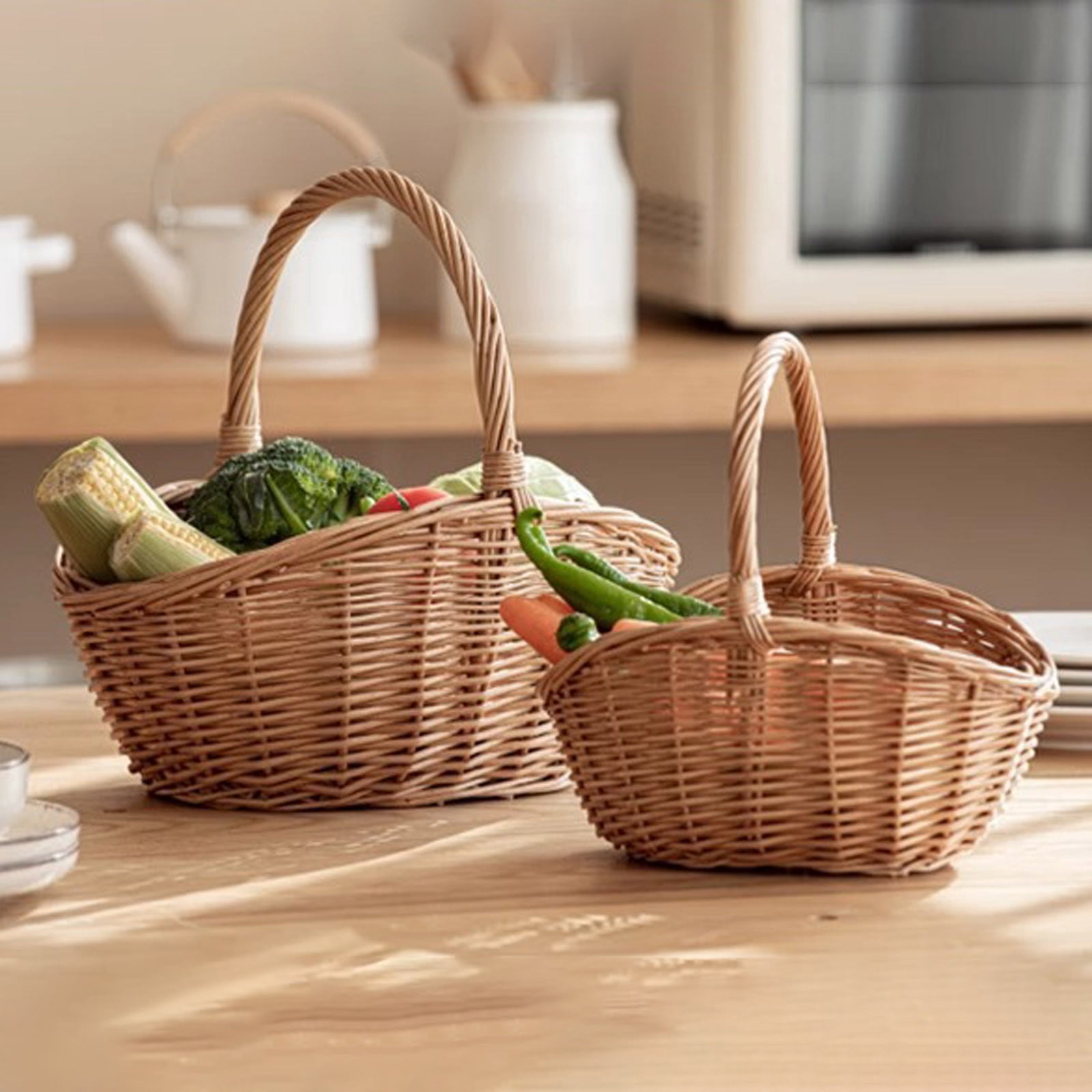 Junepar 2PCS Rattan Storage Basket with Handle Large Woven Wicker Basket for Picnic,Harvesting Vegetables,Fruit Flower Arranging Multipurpose Organizer for Garden, Home,Easter Camping