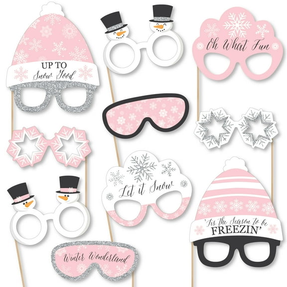 Big Dot of Happiness Pink Winter Wonderland Glasses & Headpieces - Paper Cardstock Snowflake Birthday Party Baby Shower Photo Booth Props Kit - 10 Ct