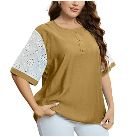 

kakina CMSX Hawaiian Shirts for Women Casual T-shirt Plus Size Buttons Crewneck Short Sleeve Pullover Blouse Tops Cute Tops for Teen Girls Yellow XL