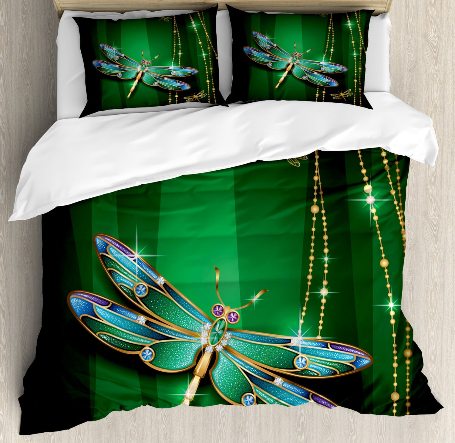 Dragonfly Duvet Cover Set King Size, Vivid Figures in Gemstone Crystal
