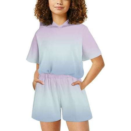 

YANHAIGONG Baby Girl Clothes Clearance Boys and Girls Gradual Short Sleeve T-shirt Set Fashion Printed Children s Hooded T-shirt Daily Outfit Two Piece Set 3-14 Years