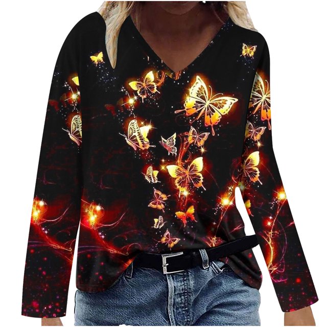 Blusa de camiseta estampada de manga larga cómoda con cuello en V informal a la moda para mujer Pompotops FGAJ7434