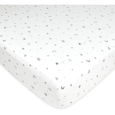 American Baby Company Printed 100% Cotton Jersey Knit Fitted Crib Sheet for Standard Crib and Toddler Mattresses, Grey Stars and Moon, for Boys and