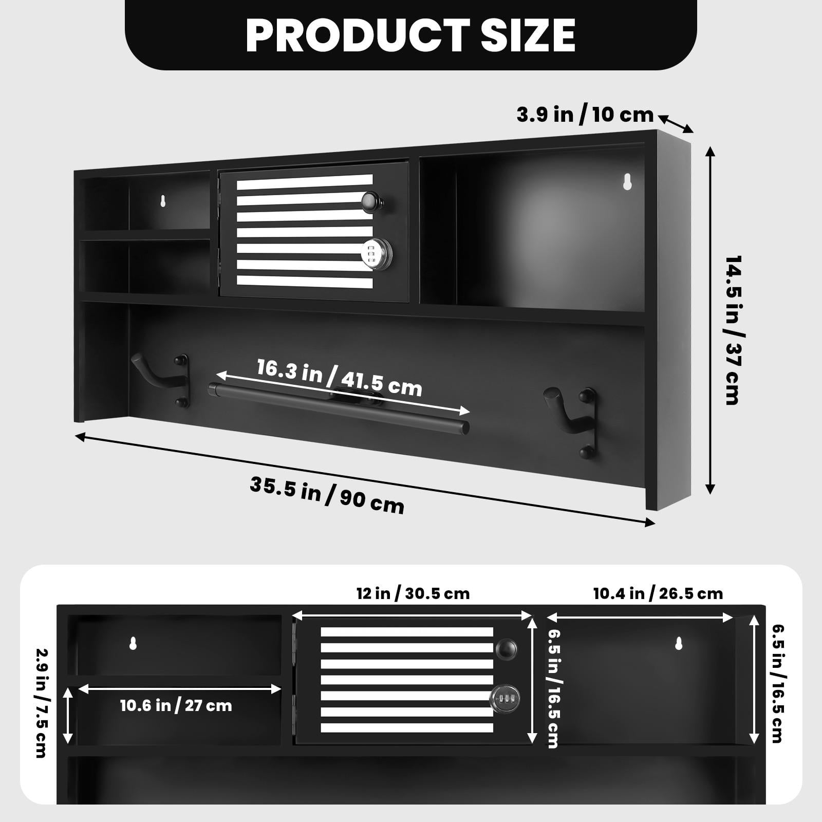 Wall Mounted Gun Safe, 35.5" Black Steel Security Cabinet with Combination Lock, Hidden Storage Rack for Home, Office, Gun Accessories