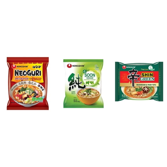 3 Pack Korean NongShim Gourmet Spicy Shin Instant Ramen Noodle, 3 Flavors(Neoguri,Soon Veggie,shin Green) Plus NineChef Brand Long Handle Coffee Spoon