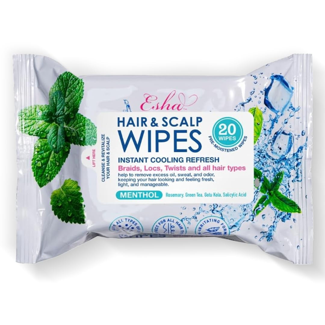 Esha Hair & Scalp Wipes – Instant Cooling Refresh for Braids, Locs, Twists & All Hair Types – 20 Count