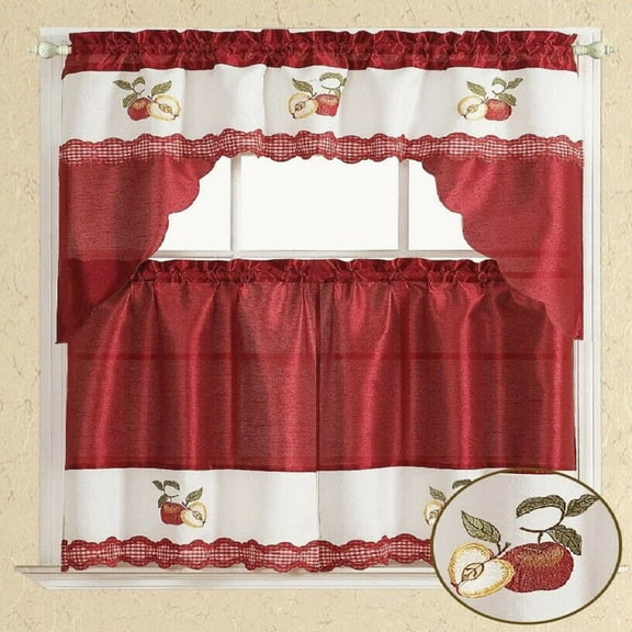 3 Pcs  Embroidered Red Apple Swag Valance Kitchen Curtain Set