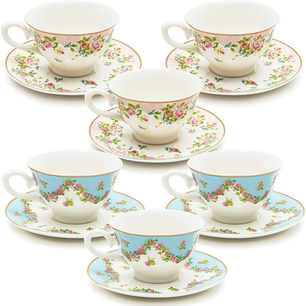 Floral 8 oz Tea Cups and Saucers Set of 12 for Tea Party Supplies