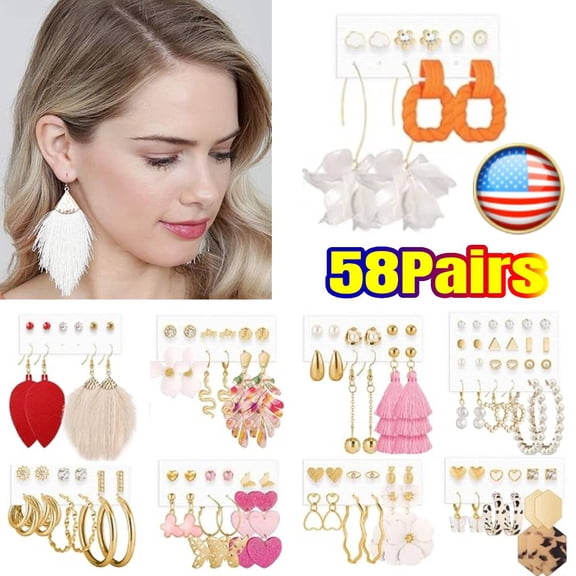 58 Pairs Earrings Set for Women, Dangling Earrings for Women, Fashion Tassel Earrings Acrylic Hoop Stud Drop Dangle Earrings for Birthday Party