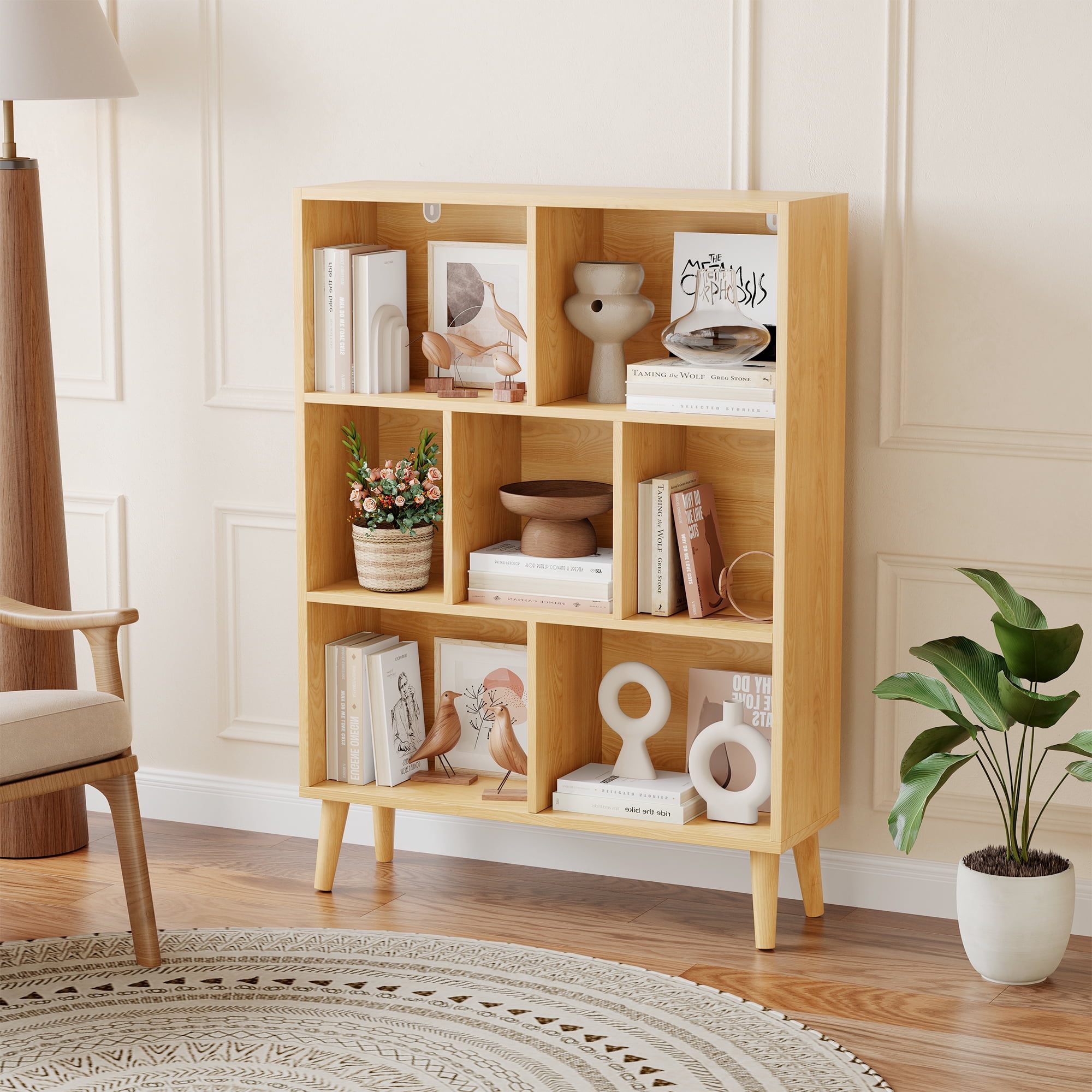 EDX Wooden Cube Bookshelf, Open 3-Tier Bookcase with Legs, Freestanding Bookshelves Storage Organizer Shelf, for Bedroom, Living Room, Office, Natural wood