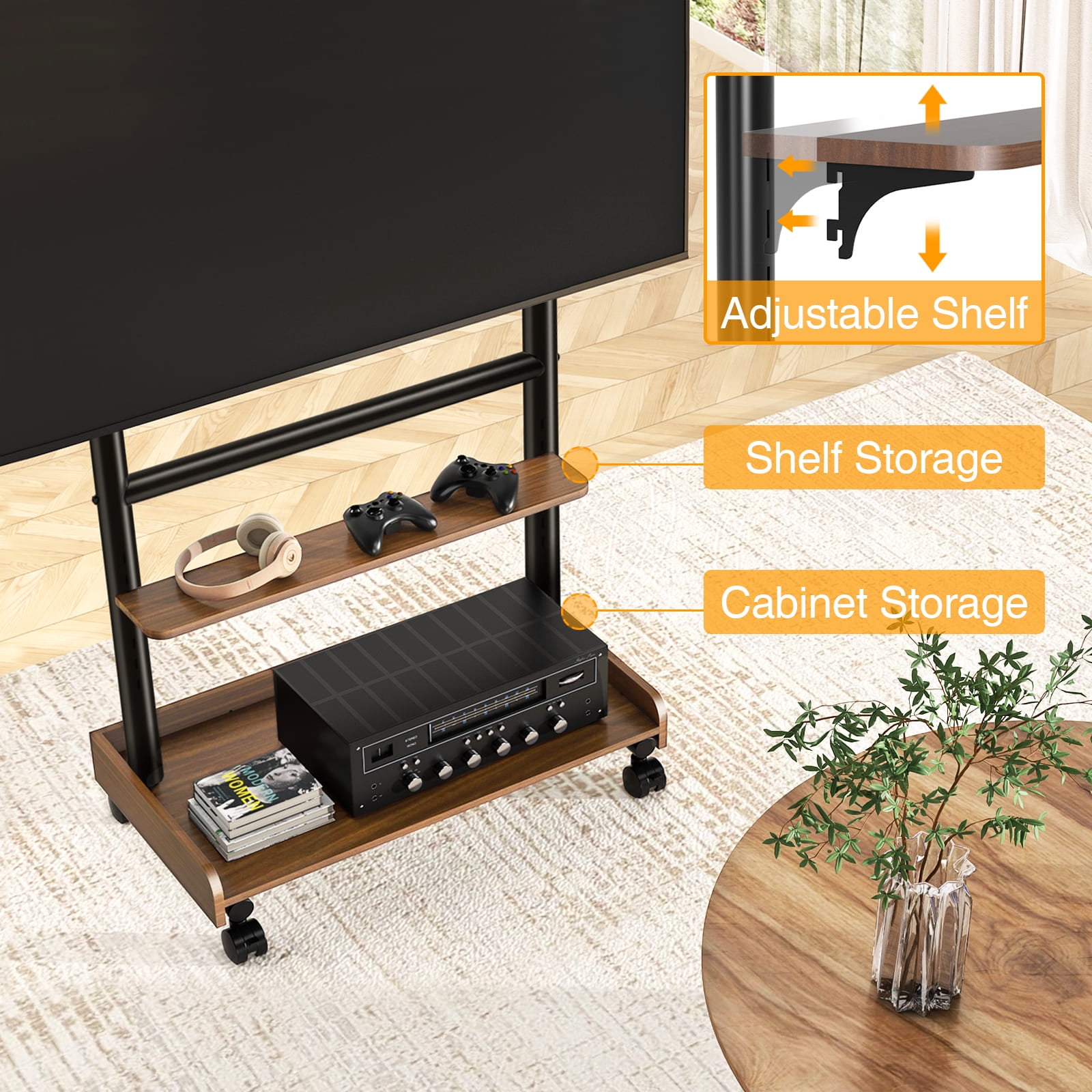 TAVR Furniture Universal Mobile TV Stand with Wheels for 40-86 inch LCD LED OLED Flat Panel Screens, with Wooden Storage Shelf