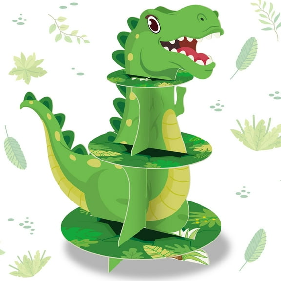 3 tier dinosaur cupcake holder, dinosaur party decorations, jungle dino theme dessert stand for birthday, dinosaur cake tower, green