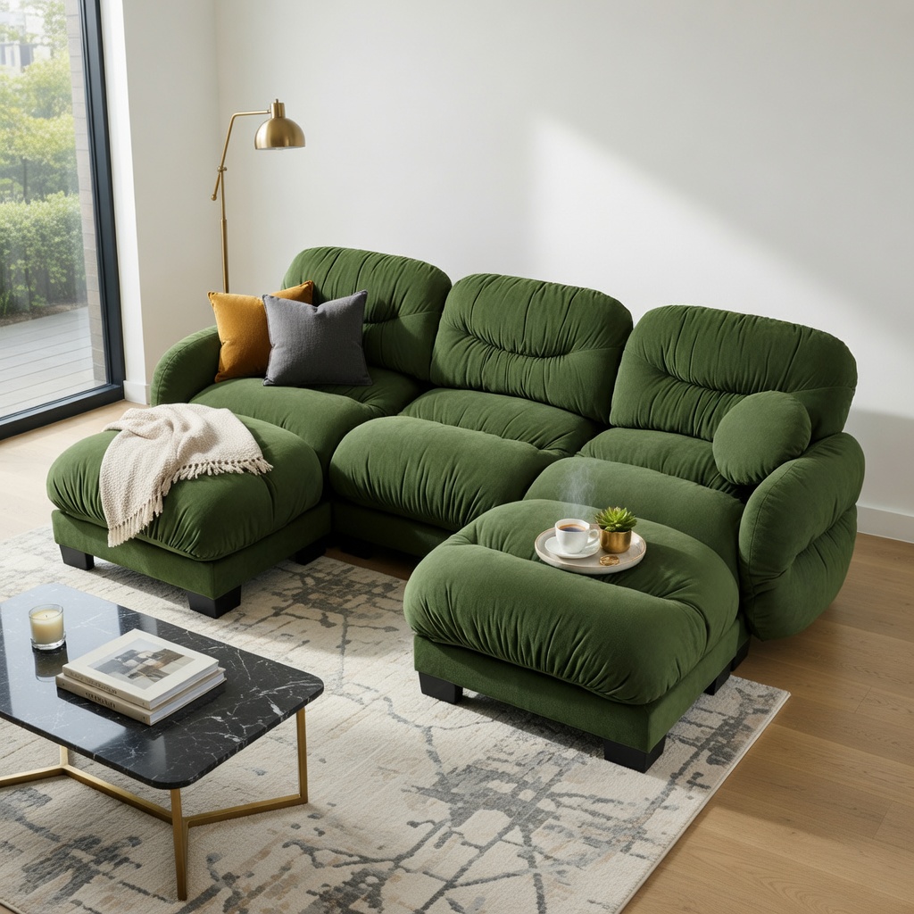 Hommoo Chenille U-Shaped Modular Sectional Sofa with Ergonomic Foam, Curved Armrests, 2 Ottomans & 2 Throw Pillows, 3-Seat Pleated Design, Green