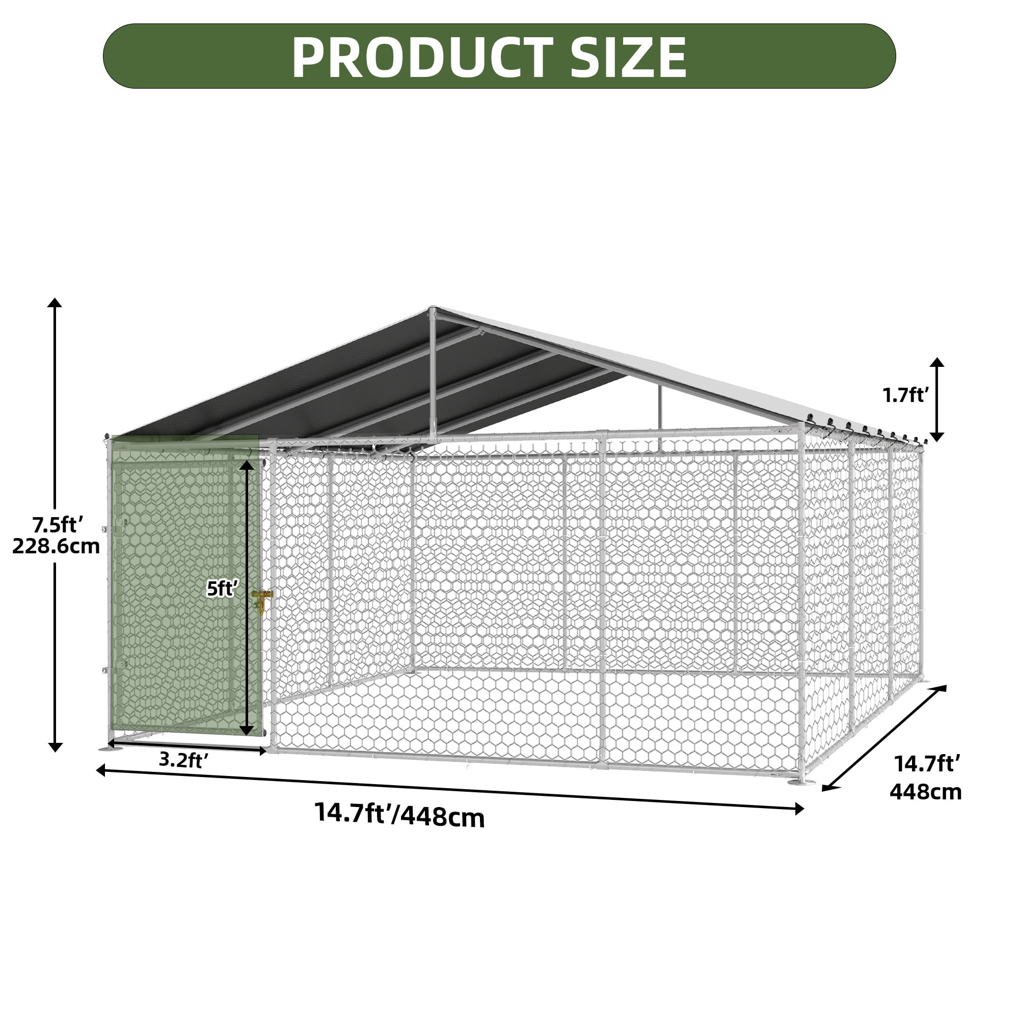Uforic 14.8'x14.8'Large Outdoor Dog Kennel with Metal Dog Gate, Outdoor Dog Enclosure with Roof, Heavy Duty Dog Kennel for Backyard Farm