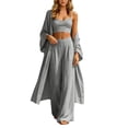 thumbnail image 2 of Maqroz Womens 3 Piece Outfits Sleeveless V Neck Crop Top Long Sleeve Open Front Cardigan Cover Up Wide Leg Pants Casual Beach Vacation Lounge Wear Boho Matching Sets, 2 of 7