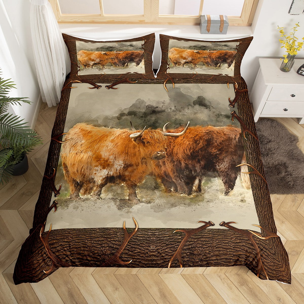 YST Highland Cow Bed Set Brown Bull Cattle Duvet Cover, Watercolor