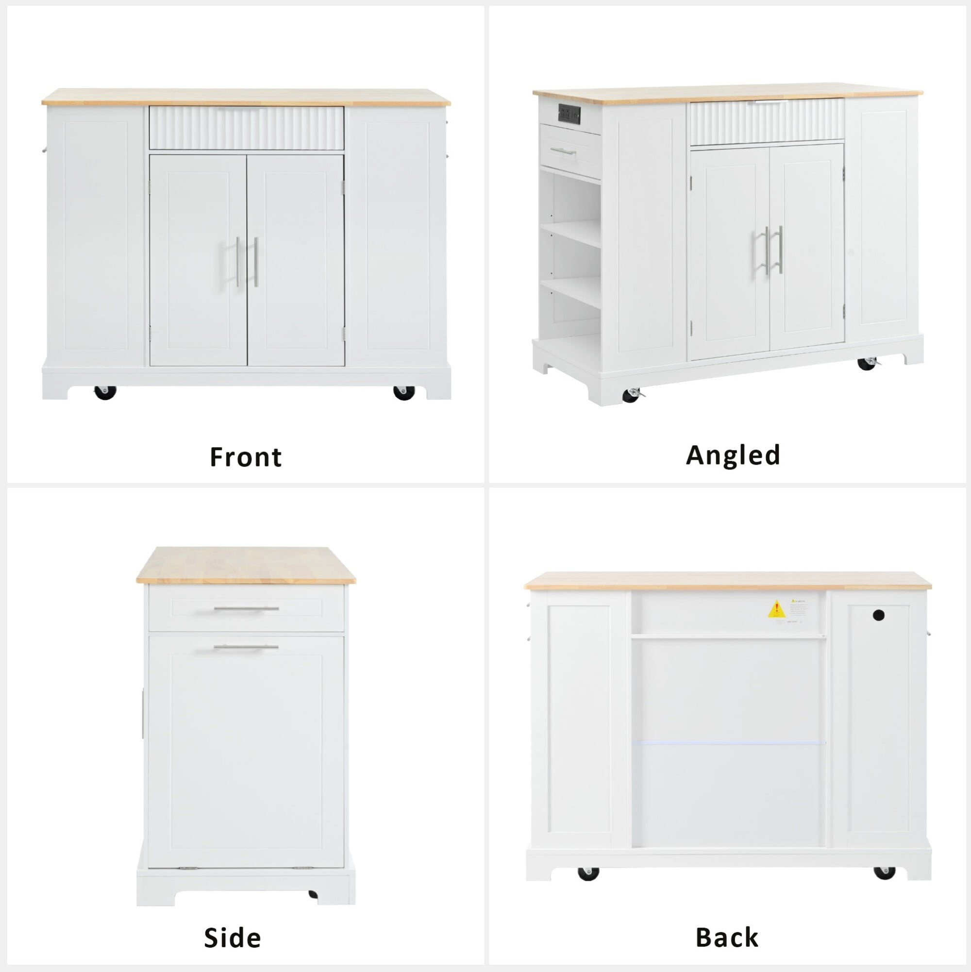 AENKYO 47" Kitchen Island with Power Outlet & Hidden Trash Can, Mobile Kitchen Cart with Drawers and Shelves, White