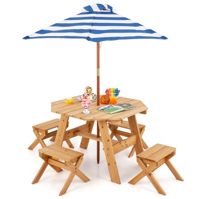 Costway Kids Wooden Table Set with Octagon Table 4 Stools & Removable Adjustable Umbrella Natural