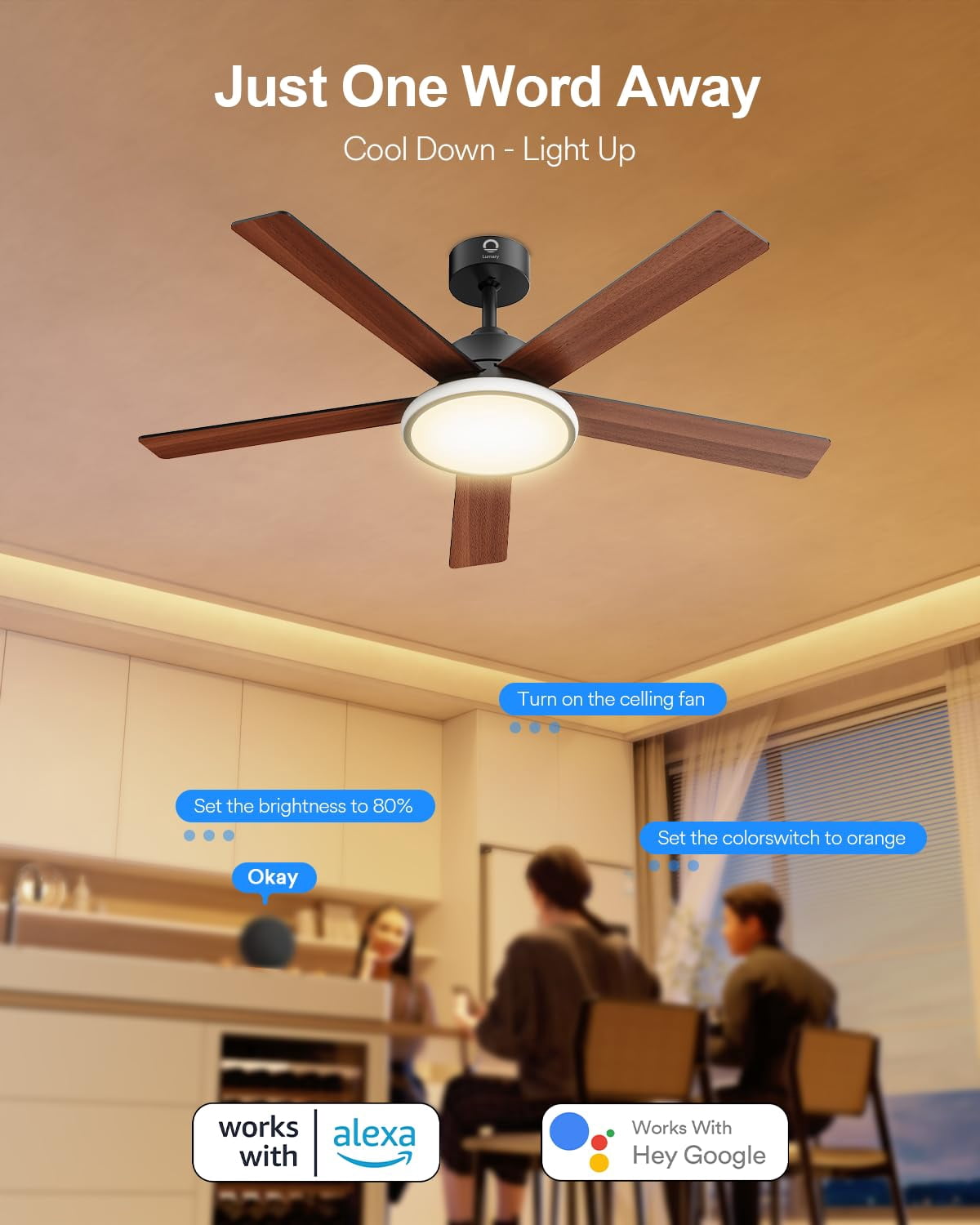 Lumary 52 Inch Smart Ceiling Fan with RGBAI Lights Remote Low Profile Ceiling Fan App Voice Control Dimmable & Color Tuning Modern Flush Mount