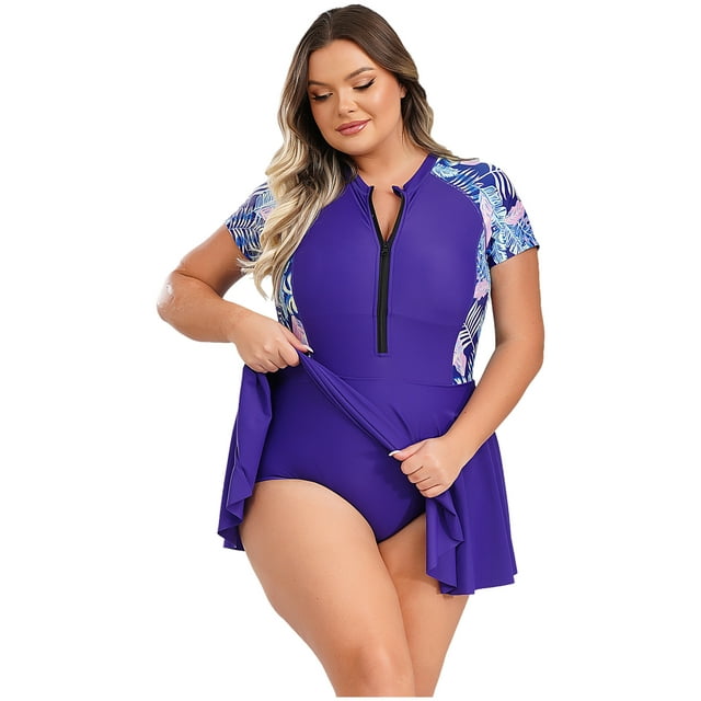 inlzdz Women Plus Size Rash Guard Swimsuit One Piece Modest Swimwear Zippy Padded Swim Dress Navy Blue 4XL