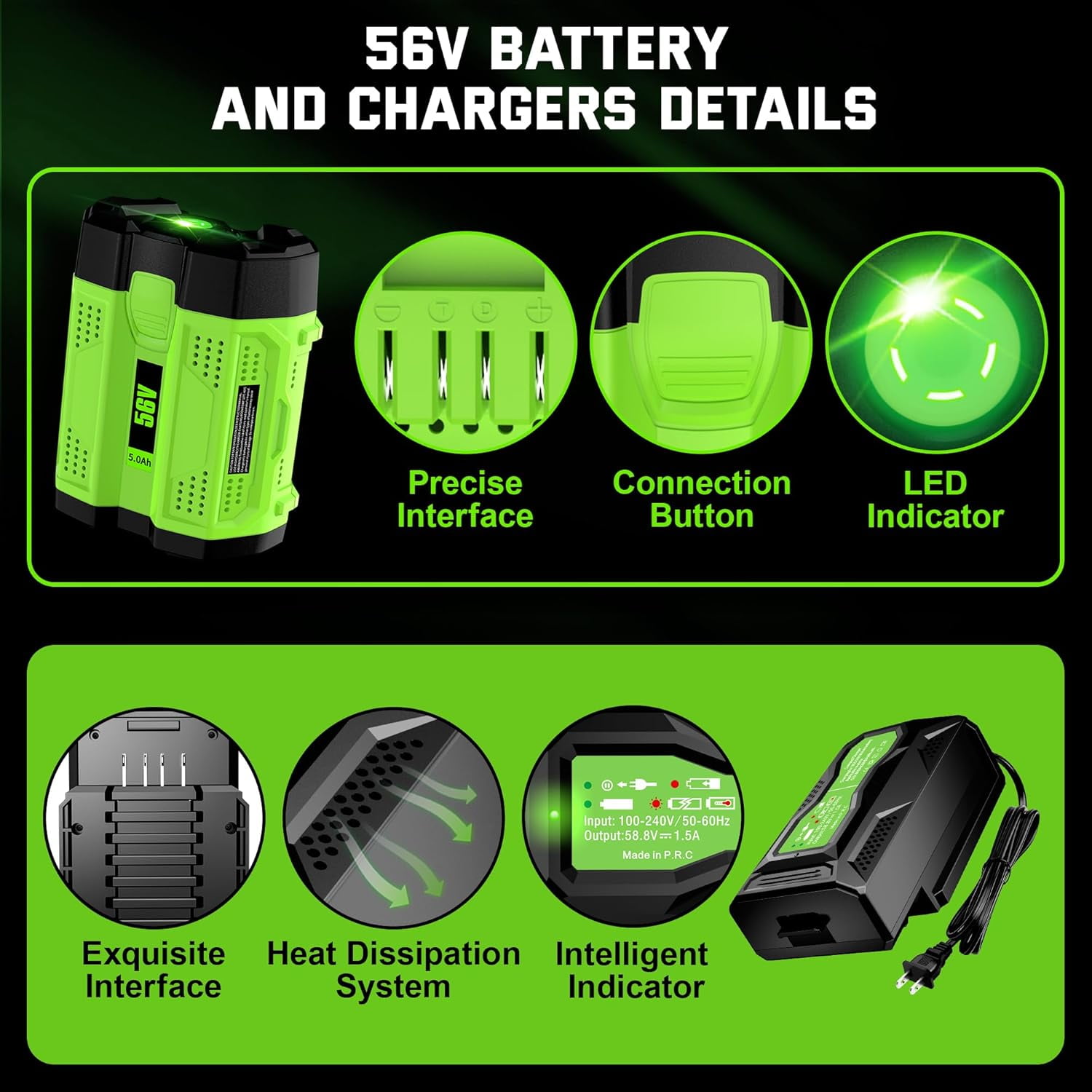 Power+ 5.0ah Battery and Charger Kit Replacement for EGO 56V Battery and Charger Combo Compatible with EGO 56 Volt Power Tools CS1604 CS1804 CS1403 HT2400 LB6504 LB5804 LB6500 LB4800 PH1400