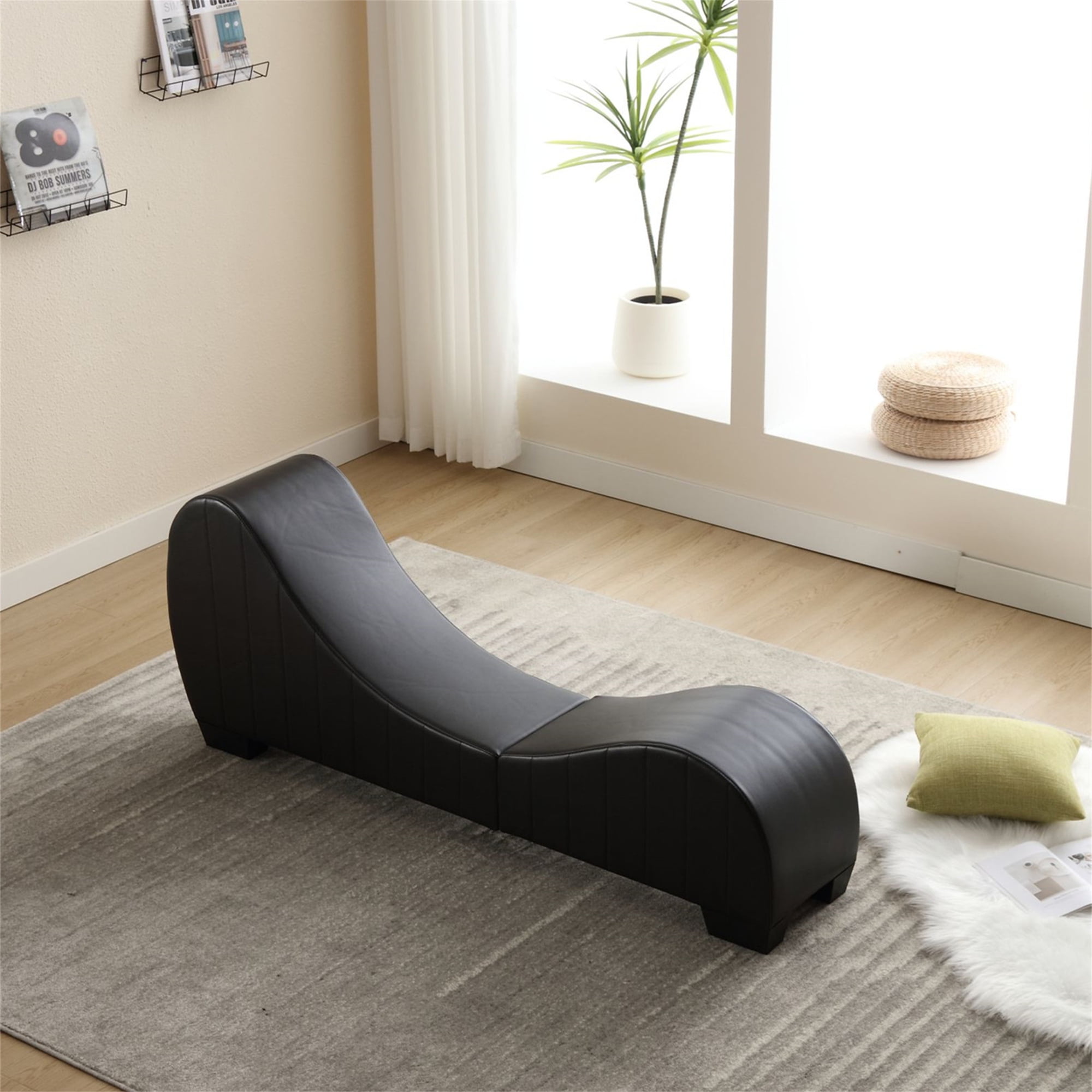 Aukfa Sleek Chaise Lounge for Yoga Curved Sofa for Stretching, Relaxation, Exercise & More, Leather, Black