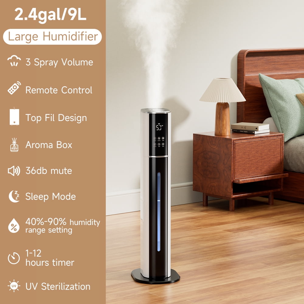 2.4Gal Quiet Ultrasonic Humidifier with Purification & UV Light for Large Rooms, Pets and Babies