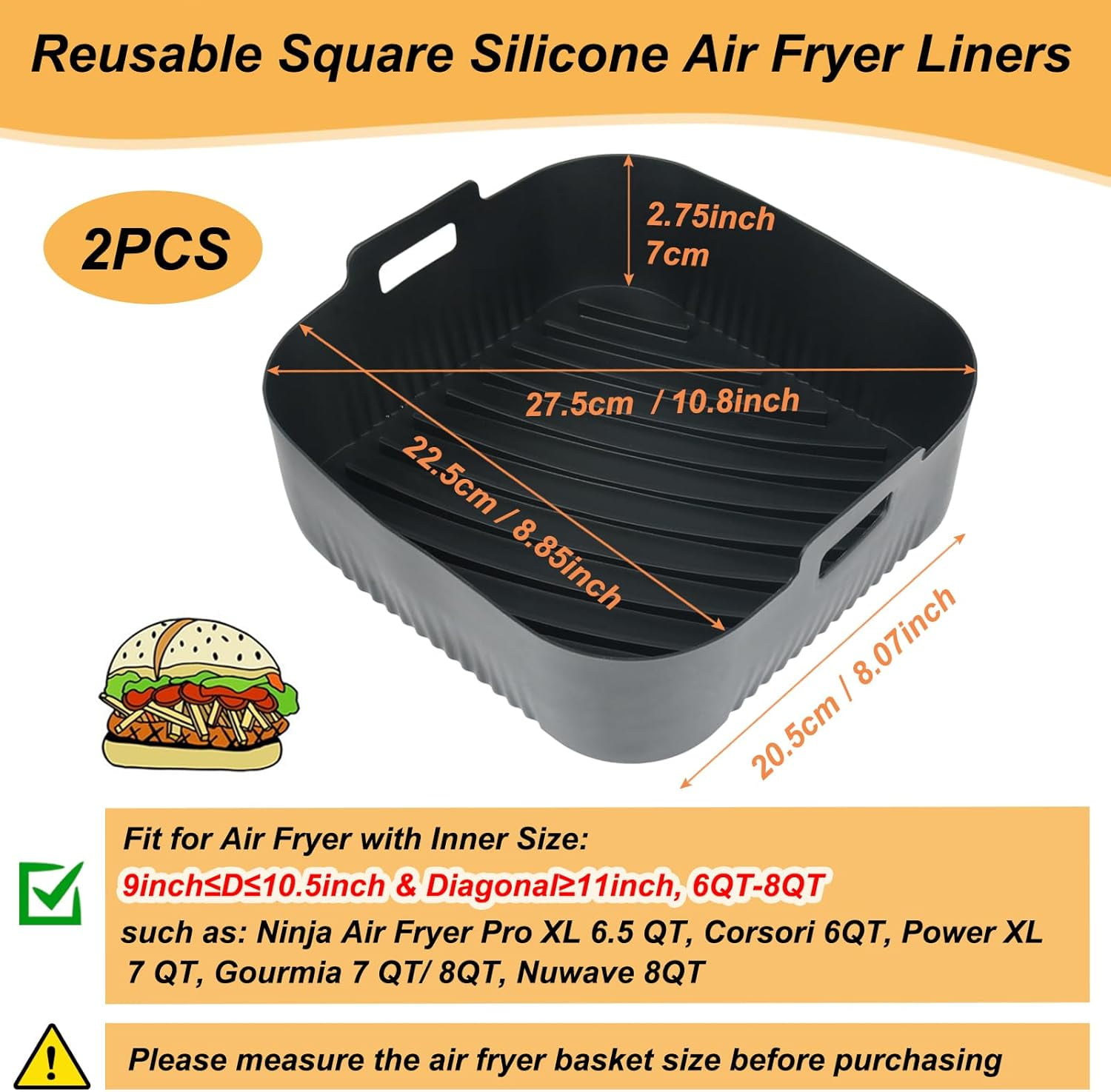 9 Inch Square Silicone Air Fryer Liners for 6 to 8QT, Set of 2, Reusable Silicone Airfryer Tray Insert, Air Fryer Accessories for Corsori 6QT, Airfryer Pro XL 6.5QT, & More