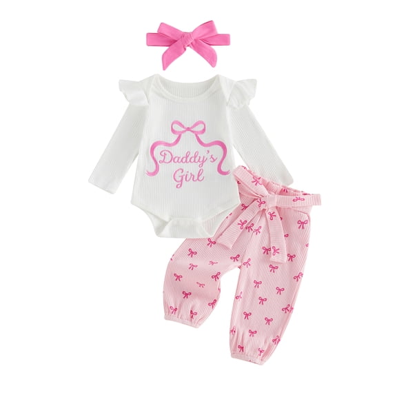 RUINIXCW Nebworn Baby Girl Daddy's Girl Outfit Infant Baby Girl Spring Winter Clothes Long Sleeve Bow Embroidery Romper and Belted Pants Headband Set