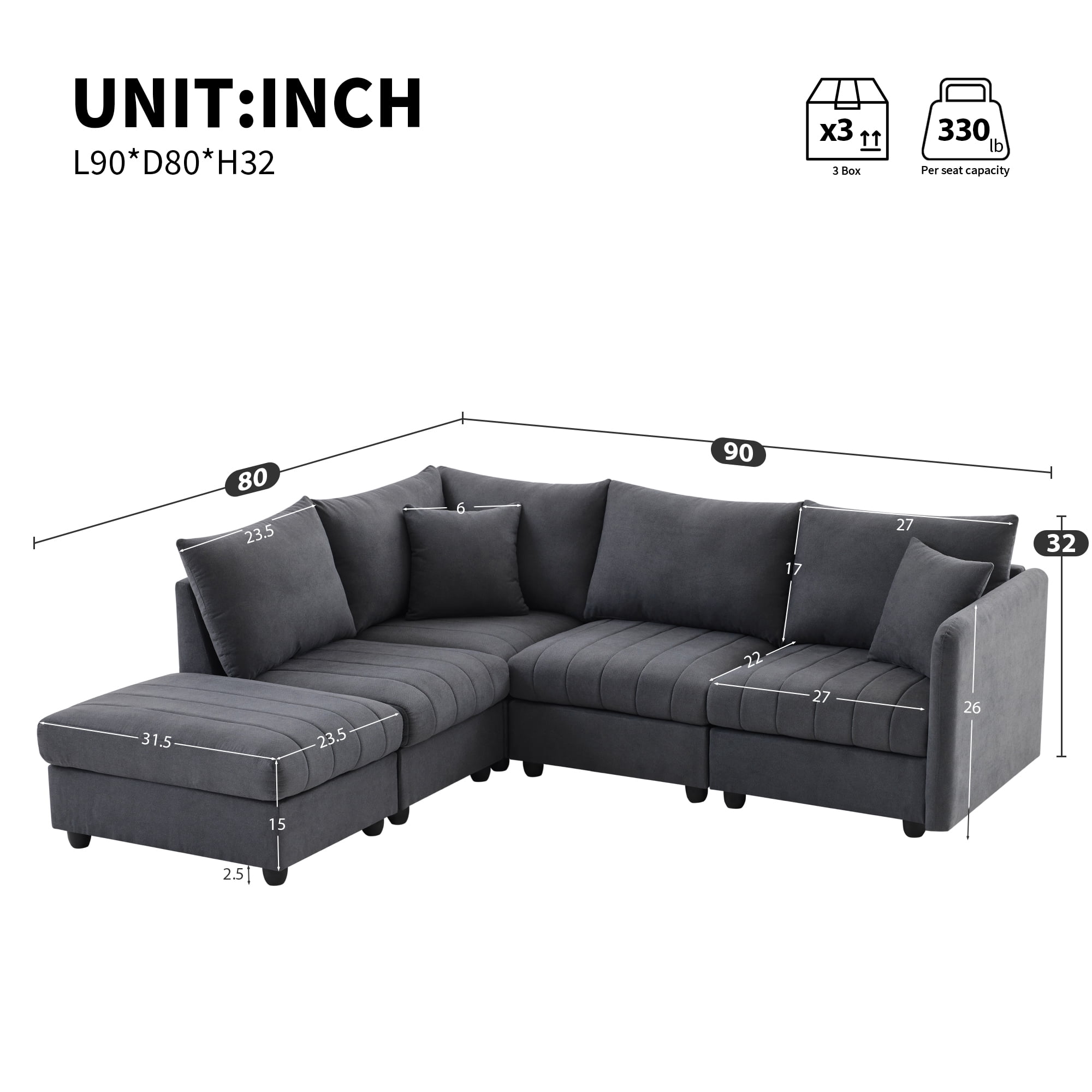 MAYEERTY 90x80" Modern Modular Sectional Sofa - Deep Seat Vertical Stripes 5-Seat Couch with Ottoman/Pillows, L-Shaped for Living Room/Apartment, 3 Colors