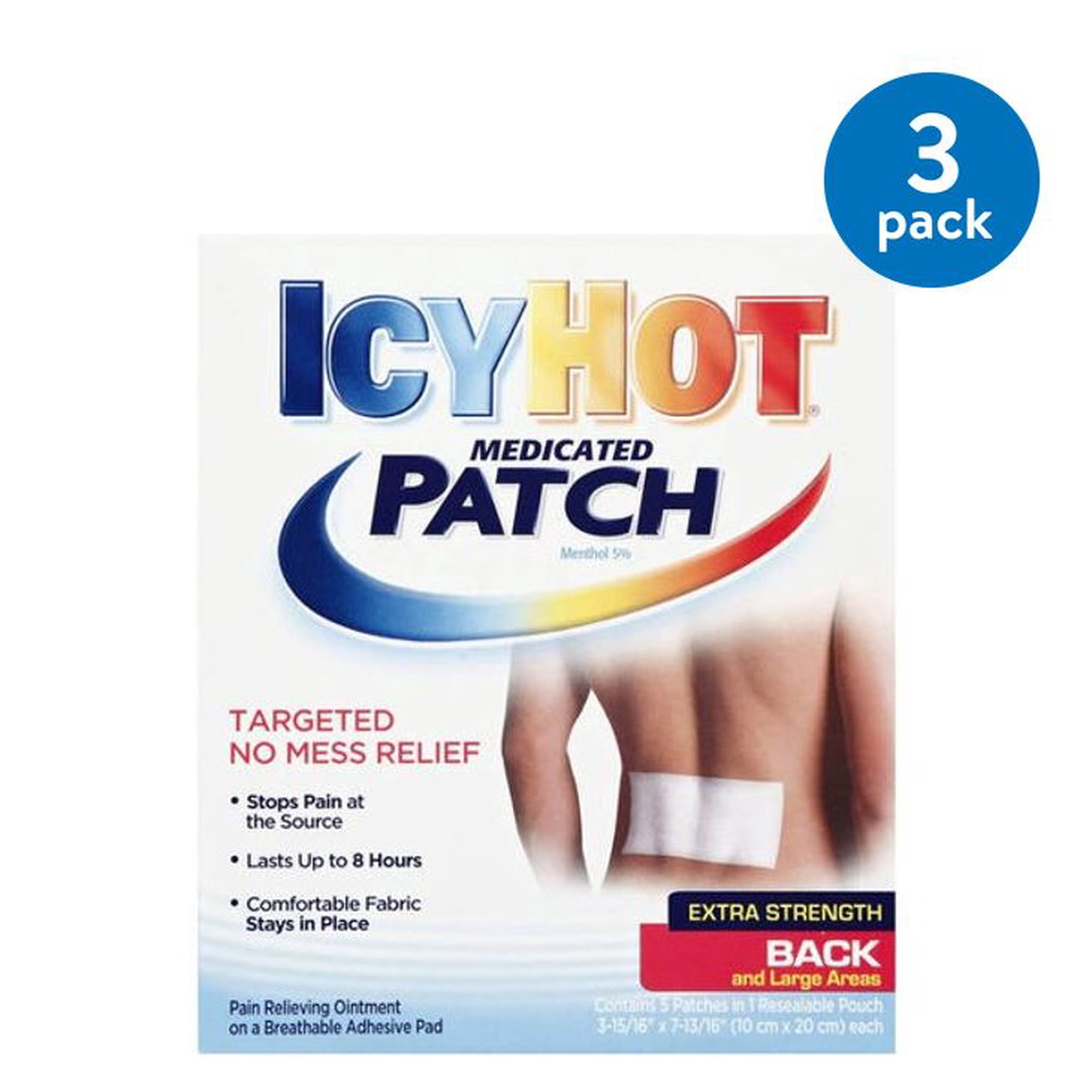 Icy Hot Extra Strength for Back and Large Areas Medicated Patch, Menthol 5%, 5 Ct (Pack of 3)
