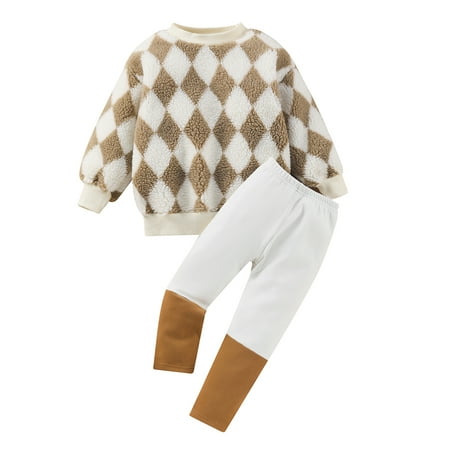 

Afunbaby Kids Little Boys Autumn Outfits Long Sleeve Checkerboard Pullover + Contrast Color Pants Clothes Sets Brown 2-3 Years