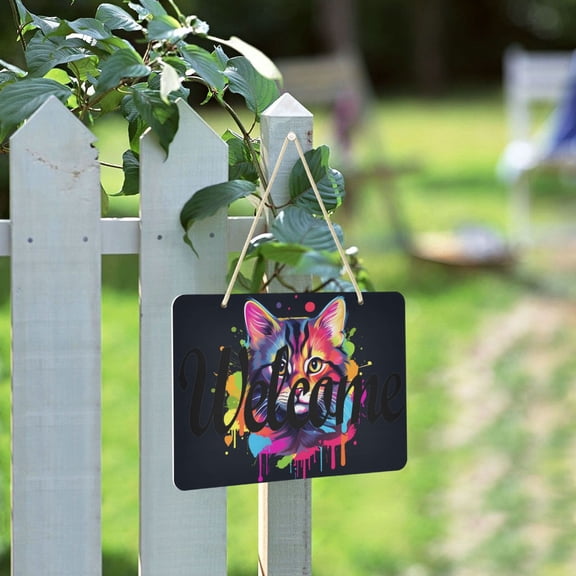 Cat Colorful Welcome Sign for Front Door Porch Wreath Door Sign Home Decoration Rustic Farmhouse Style