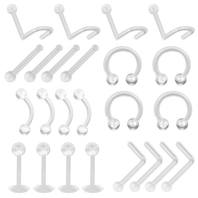 24 piezas de retención de perforación transparente, retenedores de perforación de nariz transparente, plástico, labio flexible, tabique de nariz ceja, labio labret ceja piercing herradura