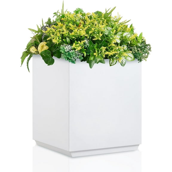 Metallic Heavy Cube Planter Box, No Assembly Required, Seamless Large Outdoor Planter, Square Planter for Trees, Tall and Flowers 17”Lx17”Wx20”H 24lbs White