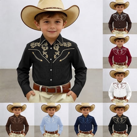 KDFJPTH Kids T Shirts Summer Boys Printed Western Cowboy Shirt Snap Button Denim Style Long Sleeve Casual Top Toddler Tshirts