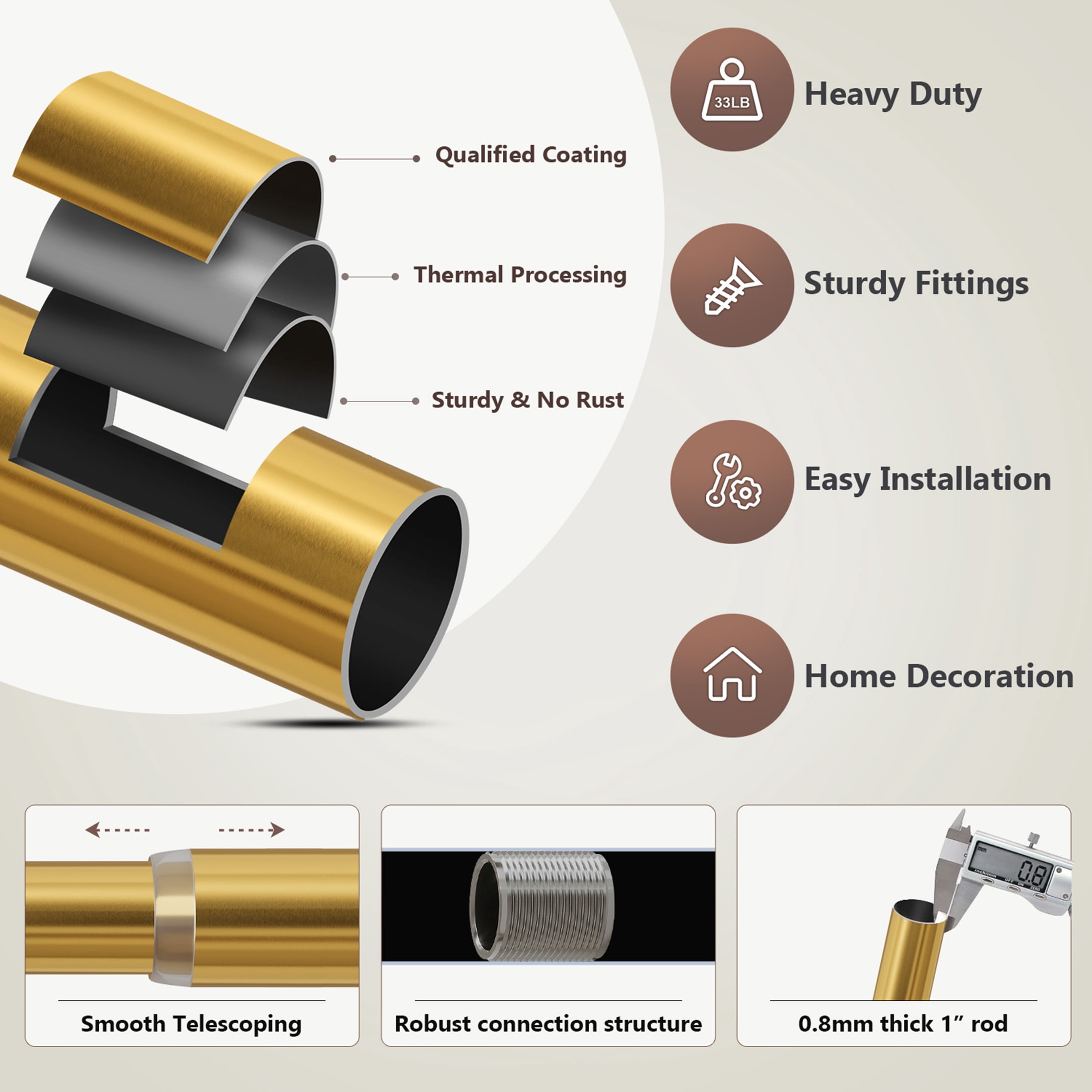 Yokila Warm Gold Curtain Rods for Windows 16 to 144 Inches Adjustable Length Heavy Duty 1" Diameter Window Curtain Rod with Solid Metal Finials for Outdoor Living Room Bedroom Farmhouse Kitchen
