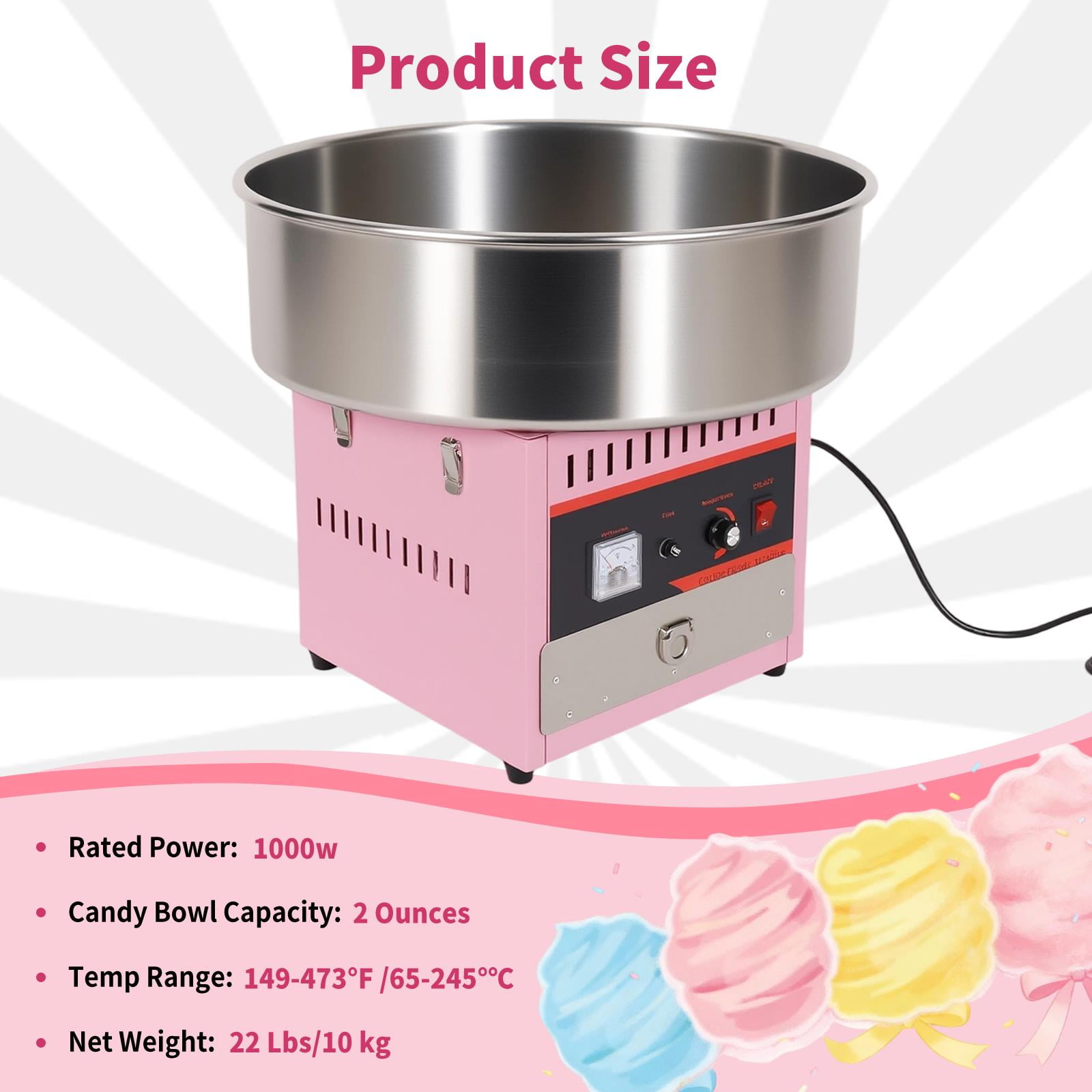Commercial Cotton Candy Machine, 1000W Electric Candy Floss Maker with 15" Stainless Steel Bowl Sugar Scoop, 149℉-473℉ Adjustable Temperature for Home, Carnival, Kids Birthday, Family Party, Pink