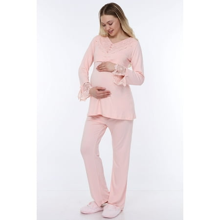

LVMA9510 - Women s Maternity Nursing Pajamas Hospital Set Soft Long-Sleeved Button Tops PJ Pants Sleepwear Set