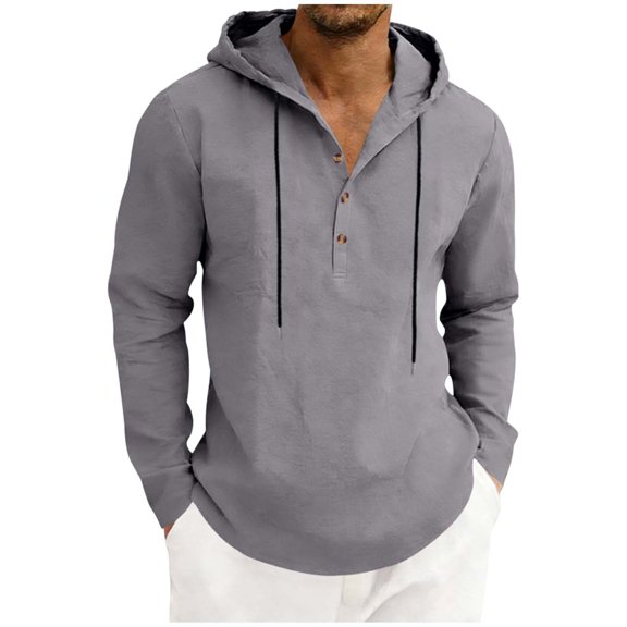 Maean Mens Cotton Linen Shirts with Hoodie Long Sleeve Button Neck Shirt Fashion Casual Vacation Tops