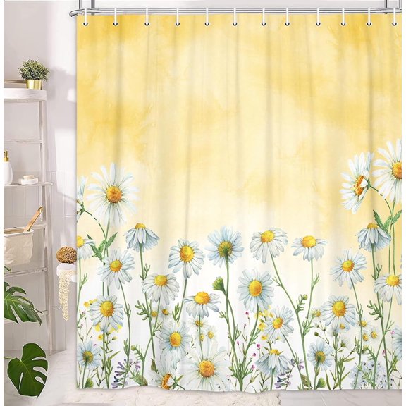Yellow Daisy Shower Curtain Set Floral Fabric Bath Curtains Rustic Farmhouse Boho Style White Daisy with 12 Hooks Bring Country Charm and to Your Bathroom (70"x70) for a Fresh and Inviting Look