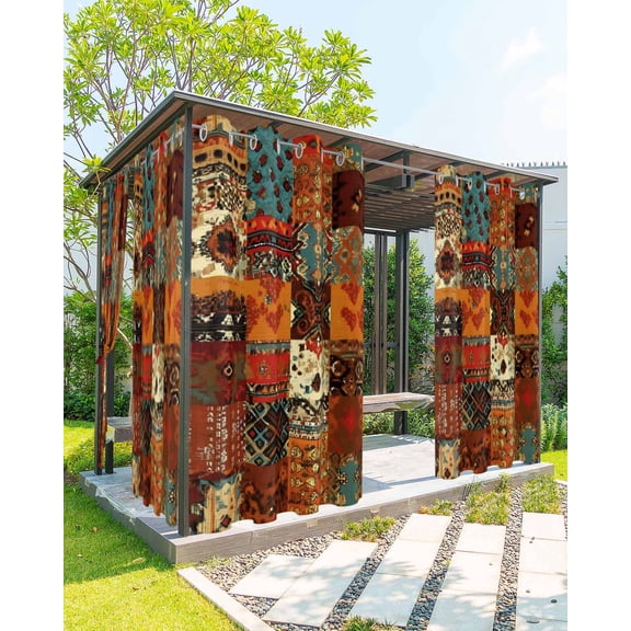 Boho Vintage Outdoor Curtains for Patio, Brown Ethnic Middle Century Geometric Privacy Drapes Grommet Waterproof Outside Curtains for Porch/Cabana/Balcony 54"x 95", 2 Panel
