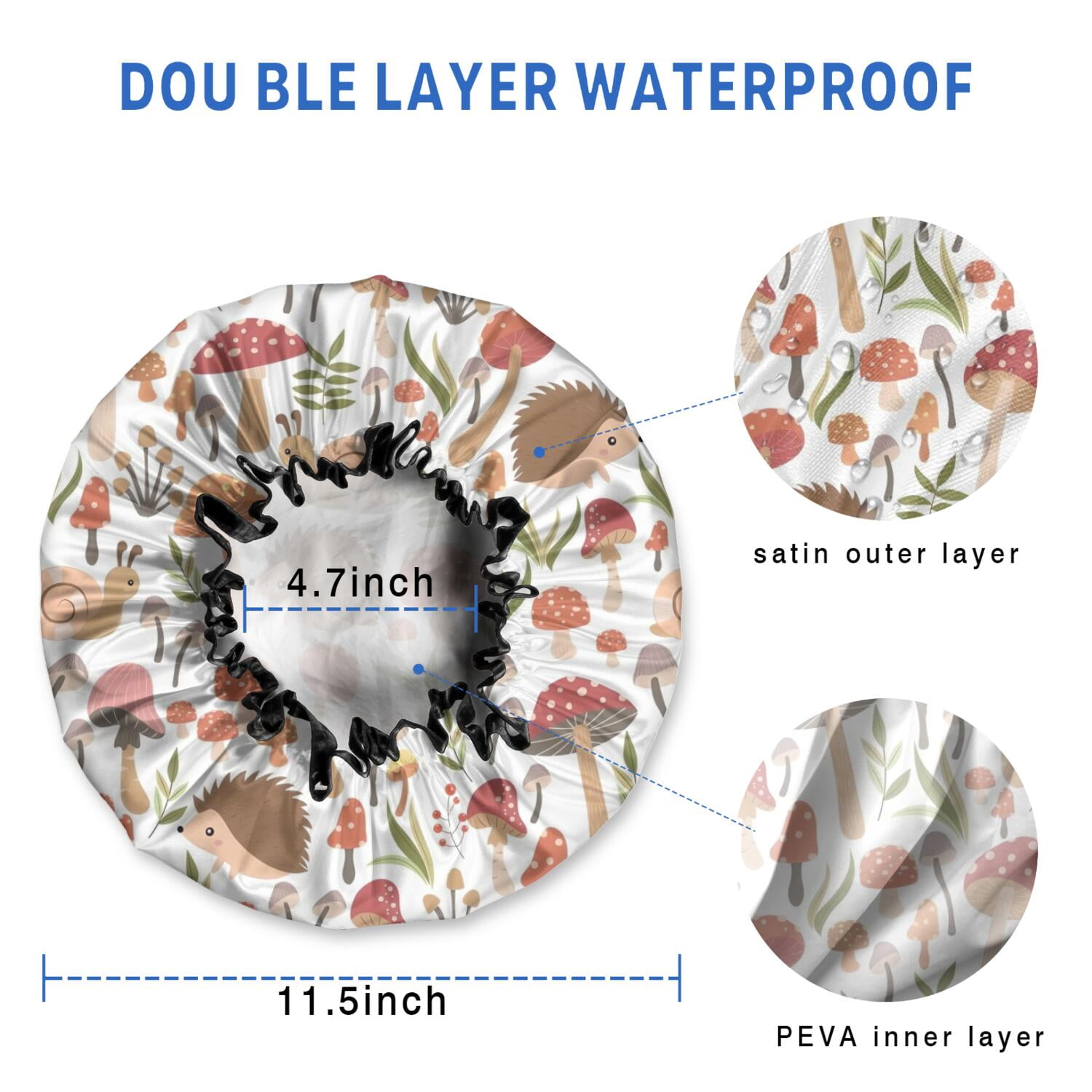 Shower Caps,Cute Hedgehogs and Red Mushrooms Snails Pattern Waterproof Shower Cap for Women 4 Pieces,Double Reusable Hair Cover for Shower PEVA Elastic Stretch Hem