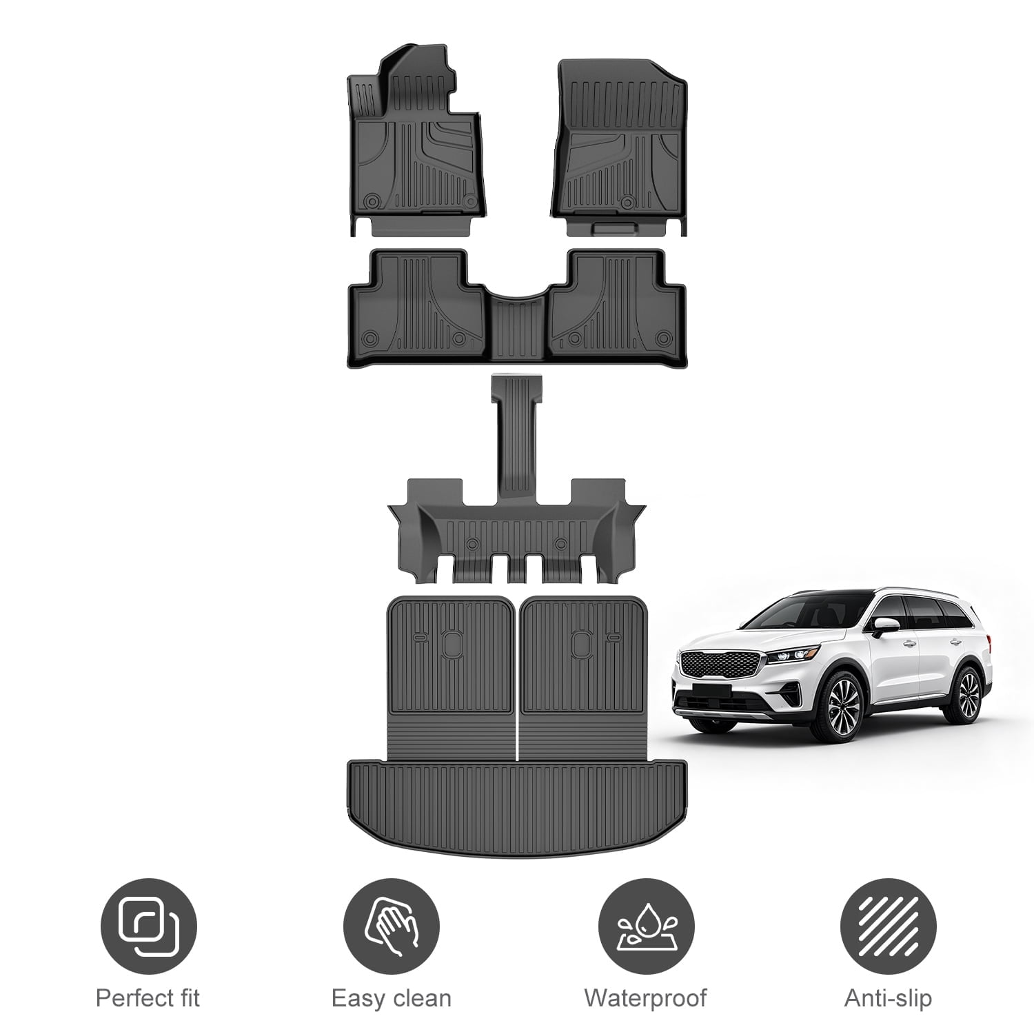 Fit for 2021-2026 Kia Sorento (Not Fit Hybrid) Cargo Mat with Backrest Mat+Floor Mat TPE All Weather Odorless Anti-Slip Car Accessories