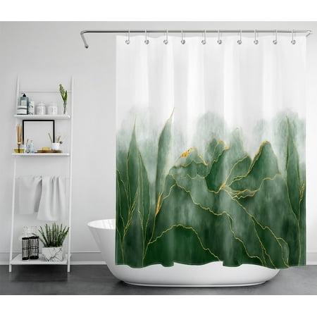 HVEST Mountain Shower Curtain,Abstract Marbling Shower Curtain for Bathroom Green Water Ripples Polyester Waterproof Fabric Bath Accessories with Hooks Set,60X72 Inches