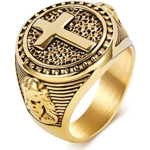 Stainless Steel Cross Ring for Men Women, Christian Cross Signet Ring, Gold Silver Two Tone Religious Statement Ring, Vintage Stainless Steel Faith Jewelry Gift for Daily Wear